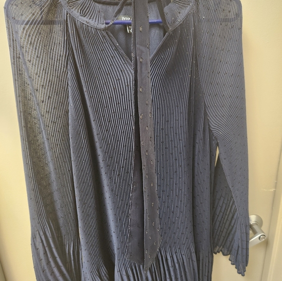 Roz & Ali 1X Dark Blue Pleated Sheer Sequined Blouse - Picture 2 of 5